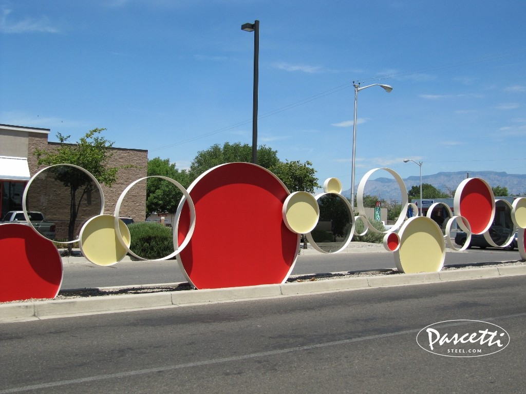 commercial carlisle circle center mixed media steel stainless panels hand painted custom sculpture installtion