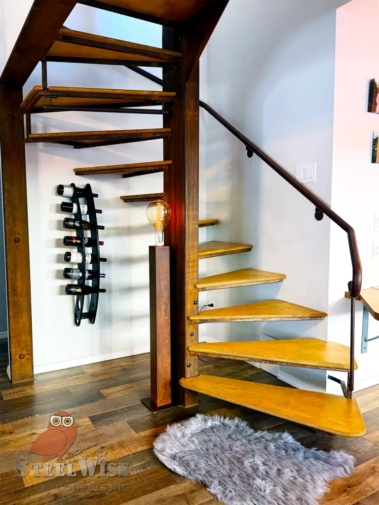 stained glass railings integrated with steel stairs